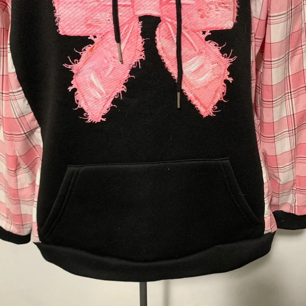 Upcycled Black Hoodie with Pink Distressed Bow Graphic  & Pink Plaid Sleeves - Picture 3 of 9